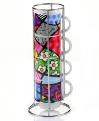 Pattern maker. Four Heart mugs bearing the unmistakable pop art of Romero Britto make a fabulous and functional addition to modern kitchens. Stack to create one cohesive design in the accompanying metal caddy. Pattern maker. Four Heart mugs bearing the unmistakable pop art of Romero Britto make a fabulous and functional addition to modern kitchens. Stack to create one cohesive design in the accompanying metal caddy.