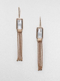 An elegant design featuring faceted, clear quartz stones and a chain link tassel in sterling silver and 18k gold, finished in the warm glow of 18k rose goldplating. Clear quartzSterling silver and 18k gold with 18k rose goldplatingDrop, about 2.5Hook backImported 