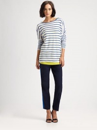 Offering athletic style, sleek pants made from Italian wool with a hint of stretch.Belt loopsHook-and-eye closureZip flyContrast stripe along each sideSlash pocketsBack waist darts and welt pocketsInseam, about 30Rise, about 9Wool/Lycra®Dry cleanImported of Italian fabric Model shown is 5'9 (175cm) wearing US size 4. Offering athletic style, sleek pants made from Italian wool with a hint of stretch.Belt loopsHook-and-eye closureZip flyContrast stripe along each sideSlash pocketsBack waist darts and welt pocketsInseam, about 30Rise, about 9Wool/Lycra®Dry cleanImported of Italian fabric Model shown is 5'9 (175cm) wearing US size 4.