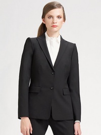 EXCLUSIVELY AT SAKS. This impeccably polished fit of Italian stretch wool makes a lasting impression every time. Notched lapels 2-button closure Front flap-over pockets Long sleeves Button cuffs Center back vent Full lining About 26½ from shoulder to hem 96% virgin wool/4% elastane; dry clean Imported of Italian fabric OUR FIT MODEL RECOMMENDS ordering true size.. EXCLUSIVELY AT SAKS. This impeccably polished fit of Italian stretch wool makes a lasting impression every time. Notched lapels 2-button closure Front flap-over pockets Long sleeves Button cuffs Center back vent Full lining About 26½ from shoulder to hem 96% virgin wool/4% elastane; dry clean Imported of Italian fabric OUR FIT MODEL RECOMMENDS ordering true size..