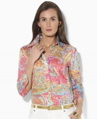 Celebrate spring in Lauren by Ralph Lauren's vibrantly hued paisley petite shirt, tailored from soft cotton sateen that we styled with three-quarter sleeves and chic fold-back cuffs. (Clearance) Celebrate spring in Lauren by Ralph Lauren's vibrantly hued paisley petite shirt, tailored from soft cotton sateen that we styled with three-quarter sleeves and chic fold-back cuffs. (Clearance)