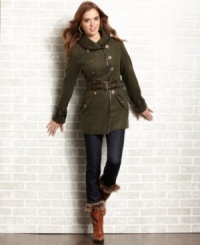 Attention! Enlist in fashion's chic army with this sleek, military-style coat that flaunts stately, faux-leather piping and an assembly of gold-tone buttons. From JJ Basics. Attention! Enlist in fashion's chic army with this sleek, military-style coat that flaunts stately, faux-leather piping and an assembly of gold-tone buttons. From JJ Basics.
