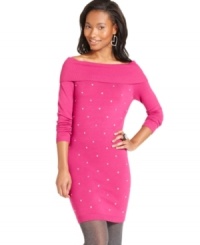 Flaunt your curves in Planet Gold's rhinestone-embellished sweater dress! A boat neckline dips slightly off the shoulders and brings kittenish style to a classic look. Flaunt your curves in Planet Gold's rhinestone-embellished sweater dress! A boat neckline dips slightly off the shoulders and brings kittenish style to a classic look.