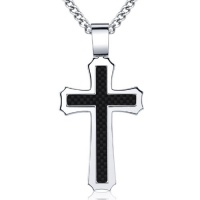 Black Carbon Fiber Stainless Steel Men's Cross on 24 Inch Curb Chain