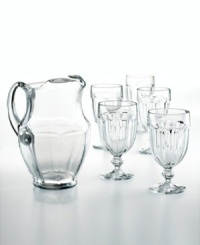 Clean, crisp, elegant. From a summer afternoon on the porch to your finest cocktail party, this set of classic all-purpose drinking glasses and accompanying pitcher are just right for the occasion. Clean, crisp, elegant. From a summer afternoon on the porch to your finest cocktail party, this set of classic all-purpose drinking glasses and accompanying pitcher are just right for the occasion.