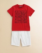 Crafted in plush cotton, this soft and stylish tee with sneaker graphic will keep him on his toes.CrewneckShort sleevesButton sleevesCottonMachine washImported