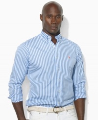 A handsome sport shirt is accented with Ralph Lauren's embroidered pony and cut for a relaxed, comfortable fit in striped cotton broadcloth. A handsome sport shirt is accented with Ralph Lauren's embroidered pony and cut for a relaxed, comfortable fit in striped cotton broadcloth.