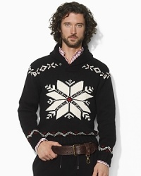 Rendered in a super-soft cotton-cashmere blend, this shawl-collar sweater salutes the season with classic knit snowflakes. Rendered in a super-soft cotton-cashmere blend, this shawl-collar sweater salutes the season with classic knit snowflakes.