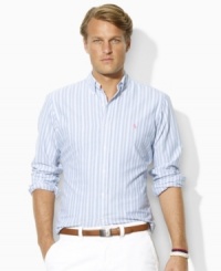 A dapper display of sleek pastel stripes lends preppy appeal to a classic-fitting sport shirt, rendered in oxford-woven cotton for a soft, smooth finish. A dapper display of sleek pastel stripes lends preppy appeal to a classic-fitting sport shirt, rendered in oxford-woven cotton for a soft, smooth finish.