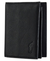 Ralph Lauren's iconic pony graces the front of a soft pebbled leather billfold wallet, constructed with ample storage for cards and a convenient ID window. Ralph Lauren's iconic pony graces the front of a soft pebbled leather billfold wallet, constructed with ample storage for cards and a convenient ID window.