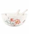 The whimsical butterflies and blooms of Butterfly Meadow dinnerware grace this collection of elegant salad bowls, crafted of scalloped white porcelain with coordinating wooden servers.