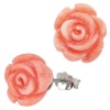 Red Coral Rose Platinum Overlay CAREFREE Sterling Silver Stud Earrings