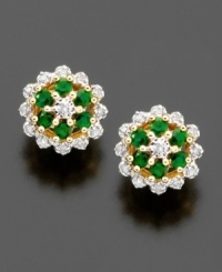 A modern take on a vintage-inspired style: round-cut emeralds (1/3 ct. t.w.) and round-cut diamonds (1/10 ct. t.w.) perfectly meld for a vibrant but delicate look. Set in 14k gold button earrings.