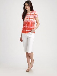 Dyed to perfection, a vivid, stretch cotton design featuring a timeless tie-dye print for a charming everyday look. Round neckShort sleevesAbout 25 from shoulder to hem92% cotton/8% spandexMachine washImported of Italian fabric Model shown is 5'10 (177cm) wearing US size Small. Dyed to perfection, a vivid, stretch cotton design featuring a timeless tie-dye print for a charming everyday look. Round neckShort sleevesAbout 25 from shoulder to hem92% cotton/8% spandexMachine washImported of Italian fabric Model shown is 5'10 (177cm) wearing US size Small.