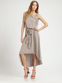 Soft heathered jersey in a draped midi-shift, gathered at the waist and shaped by a chic high-low hem.ScoopneckPleated shouldersSleevelessBlouson bodiceDrawstring waistGathered skirtAbout 25 from natural waistViscoseDry cleanImportedModel shown is 5'10 (177cm) wearing US size Small. Soft heathered jersey in a draped midi-shift, gathered at the waist and shaped by a chic high-low hem.ScoopneckPleated shouldersSleevelessBlouson bodiceDrawstring waistGathered skirtAbout 25 from natural waistViscoseDry cleanImportedModel shown is 5'10 (177cm) wearing US size Small.