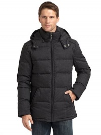 THE LOOKStand collarRemovable hood with snap throat tabZip frontZip slash pocketsKnit storm cuffsElbow patch detailTHE FITAbout 27 from shoulder to hemTHE MATERIALShell: 90% polyester/10% woolFill: 80/20 duck downFully linedCARE & ORIGINDry clean Imported THE LOOKStand collarRemovable hood with snap throat tabZip frontZip slash pocketsKnit storm cuffsElbow patch detailTHE FITAbout 27 from shoulder to hemTHE MATERIALShell: 90% polyester/10% woolFill: 80/20 duck downFully linedCARE & ORIGINDry clean Imported