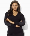 Lauren Ralph Lauren's timeless V-neck cotton plus size sweater is infused with athletic appeal with microfiber patches at the shoulders and arms. (Clearance)