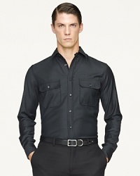 Crafted from luxe Italian wool twill, a trim button-down shirt exudes modern appeal, thanks to impeccable tailoring and a decorative clasp accenting the neck. Crafted from luxe Italian wool twill, a trim button-down shirt exudes modern appeal, thanks to impeccable tailoring and a decorative clasp accenting the neck.