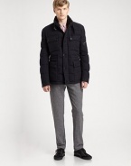 Military-inspired style in a refreshingly modern silhouette, this quilted, down-filled tweed jacket features large front cargo pockets, providing ample space for your keys, mobile devices or any other essentials.Zip frontStand collarChest, waist flap pocketsZippered pocket at sleeveAbout 29 from shoulder to hem60% wool/40% cottonDry cleanMade in Italy