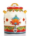 The big bold florals and exuberant hues of the Pasha beverage dispenser get everyone excited to serve themselves. With handles, lid and silvertone spout. From Tabletops Unlimited's collection of serveware.