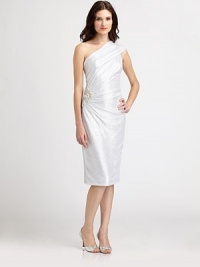 This impeccably tailored metallic stunner features artful ruching and a prettily beaded detail.Asymmetrical necklineBeaded detailAsymmetrical ruchingConcealed back zipFully linedAbout 28 from natural waistPolyesterDry cleanMade in USA of imported fabric This impeccably tailored metallic stunner features artful ruching and a prettily beaded detail.Asymmetrical necklineBeaded detailAsymmetrical ruchingConcealed back zipFully linedAbout 28 from natural waistPolyesterDry cleanMade in USA of imported fabric