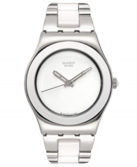 A stunning combination of ceramic and steel creates a sleek timepiece from Swatch's White Ceramic collection. A stunning combination of ceramic and steel creates a sleek timepiece from Swatch's White Ceramic collection.