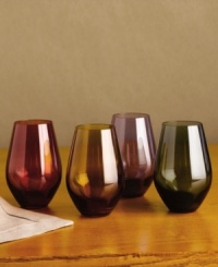 Raise a glass or four to the beauty of the sunset with richly hued Tuscany Harvest red wine glasses from Lenox. Featuring colors of the Tuscan sky at dusk, these stemless glasses look lush in any light. Raise a glass or four to the beauty of the sunset with richly hued Tuscany Harvest red wine glasses from Lenox. Featuring colors of the Tuscan sky at dusk, these stemless glasses look lush in any light.