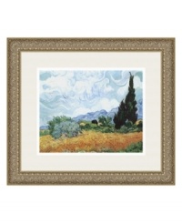 Cypress trees tower over fields of golden wheat in this lush country scene by Impressionist legend Vincent van Gogh. The painter's distinct swirling strokes lend a mysterious air to the landscape's tumbling sky and distant mountains. With an embossed silver frame. Cypress trees tower over fields of golden wheat in this lush country scene by Impressionist legend Vincent van Gogh. The painter's distinct swirling strokes lend a mysterious air to the landscape's tumbling sky and distant mountains. With an embossed silver frame.