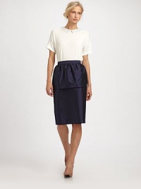 A sleek and stunning pencil silhouette, expertly tailored with a tulip peplum detail and strategic ruching for an ultra-flattering fit.WaistbandPeplum detail at waistConcealed back zip closureAbout 26 from natural waistFully lined56% silk/44% woolDry cleanImportedModel shown is 5'11 (180cm) wearing US size 4.This style runs true to size. We recommend ordering your usual size for a standard fit. A sleek and stunning pencil silhouette, expertly tailored with a tulip peplum detail and strategic ruching for an ultra-flattering fit.WaistbandPeplum detail at waistConcealed back zip closureAbout 26 from natural waistFully lined56% silk/44% woolDry cleanImportedModel shown is 5'11 (180cm) wearing US size 4.This style runs true to size. We recommend ordering your usual size for a standard fit.