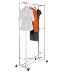 Get a move on! Instant storage rolls from room to room to adjust to your busy and ever-growing lifestyle, making space to dry garments, hang extras and clean up clutter. The sturdy steel frame folds away to 1.5 flat when not in use for a completely portable convenience! Limited lifetime warranty. Get a move on! Instant storage rolls from room to room to adjust to your busy and ever-growing lifestyle, making space to dry garments, hang extras and clean up clutter. The sturdy steel frame folds away to 1.5 flat when not in use for a completely portable convenience! Limited lifetime warranty.