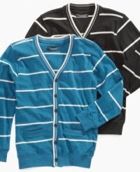 Mix up the patterns and add a last layer of style to his laid-back look with this stripe cardigan from Request. Mix up the patterns and add a last layer of style to his laid-back look with this stripe cardigan from Request.