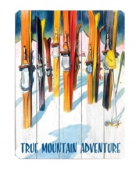 Endorsing a mountain adventure with colorful skis in snow-covered slopes, this wooden sign transforms the living room into a warm and cozy lodge. Distressed detail makes it look like it's always been a part of your decor. Endorsing a mountain adventure with colorful skis in snow-covered slopes, this wooden sign transforms the living room into a warm and cozy lodge. Distressed detail makes it look like it's always been a part of your decor.