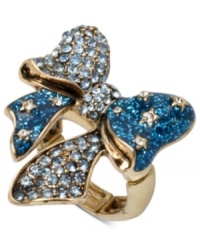 Tie this on for size. This stretch ring from Betsey Johnson is crafted from antique gold-tone mixed metal with a gold-tone bow adorned with glass crystal and glitter accents for a shining statement. Tie this on for size. This stretch ring from Betsey Johnson is crafted from antique gold-tone mixed metal with a gold-tone bow adorned with glass crystal and glitter accents for a shining statement.