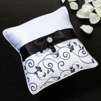 Black and White Wedding Ring Pillow With Bow & Silver Rhinestone Black and White Wedding Ring Pillow With Bow & Silver Rhinestone