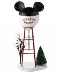 Capped with mouse ears, even the water tower in Mickey's Christmas Village is filled with Disney magic. From Department 56. Capped with mouse ears, even the water tower in Mickey's Christmas Village is filled with Disney magic. From Department 56.