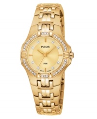 Style fit for a princess, by Pulsar. This glorious watch features a polished goldtone bracelet and round case. Bezel crystallized by Swarovski elements. Champagne dial with goldtone stick indices, crystal accent markers and logo. Quartz analog movement. Water resistant to 50 meters. Three-year limited warranty.