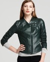 A cropped silhouette and asymmetrical zip modernize this Bagatelle faux-leather jacket, finished with a sophisticated shot of color for undeniable urban edge.