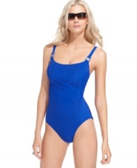 A gathered detail and hardware rings add a modern appeal to this Miraclesuit one-piece swimsuit -- tummy control ensures a sleek silhouette! A gathered detail and hardware rings add a modern appeal to this Miraclesuit one-piece swimsuit -- tummy control ensures a sleek silhouette!