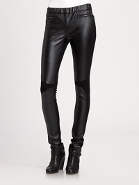 A slim, sexy silhouette with faux-leather front panels and bold zip details.Elasticized waistbandFlat frontPull-on styleFront slash zip pocketsBack slash pocketsRise, about 9Inseam, about 33Fully linedFront: polyurethane leatherBack: 64% viscose/31% nylon/5% spandexDry cleanImportedModel shown is 5'11 (180cm) wearing US size Small. A slim, sexy silhouette with faux-leather front panels and bold zip details.Elasticized waistbandFlat frontPull-on styleFront slash zip pocketsBack slash pocketsRise, about 9Inseam, about 33Fully linedFront: polyurethane leatherBack: 64% viscose/31% nylon/5% spandexDry cleanImportedModel shown is 5'11 (180cm) wearing US size Small.