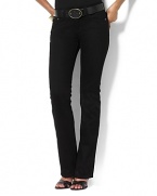 These straight-leg jeans are designed in stretch cotton denim for comfort and a flattering fit. Moderate low-rise waist, sleek hip. Zip fly with shank closure. Five-pocket style with metal rivets at points of wear. Back right pocket features the signature LRL embroidered logo. Leather logo patch accents the back waist. Inseam, about 29.