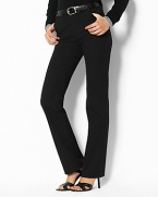 Lauren Ralph Lauren Caitlin bi-stretch twill pants. Substantial cotton twill and a straight leg lend easy refinement to a classic pant. Designed with a hint of stretch for a sleek, tailored silhouette. Standard-rise belted waist, zip fly with signature button closure. Welt pockets at the hips and single welt pocket at the back. 29 inseam.