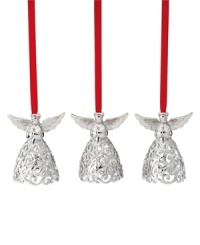 With the words Peace, Hope and Love engraved in their silver filigree skirts, these lovely angels from Lenox remind us what the season's all about. With the words Peace, Hope and Love engraved in their silver filigree skirts, these lovely angels from Lenox remind us what the season's all about.