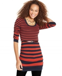 Fall for stripes this season! Planet Gold uses the bold print to add graphic power to this chic, belted sweater tunic. Fall for stripes this season! Planet Gold uses the bold print to add graphic power to this chic, belted sweater tunic.