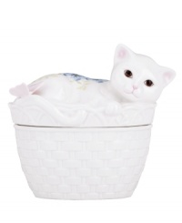 This little kitty is just begging for treats. In elegant white porcelain with a woven basket texture and sweet sculpted cover, this Butterfly Meadow bowl adds irresistible whimsy to casual tables. This little kitty is just begging for treats. In elegant white porcelain with a woven basket texture and sweet sculpted cover, this Butterfly Meadow bowl adds irresistible whimsy to casual tables.