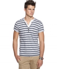 Line up your short-sleeved options this summer. This striped shirt from Bar III has details to keep your style hot. Line up your short-sleeved options this summer. This striped shirt from Bar III has details to keep your style hot.