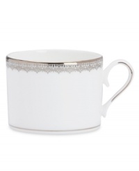 Inspired by the trim on an elegant couture gown, this graceful dinnerware and dishes collection from Lenox features an intricate platinum border that combines harmoniously with white bone china for unparalleled style. Inspired by the trim on an elegant couture gown, this graceful dinnerware and dishes collection from Lenox features an intricate platinum border that combines harmoniously with white bone china for unparalleled style.