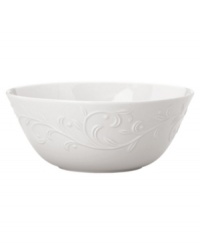 Dressed in elegant white-on-white with an embossed vine motif and interior glaze, this all-purpose bowl from the Opal Innocence Carved dinnerware collection gets your table set for refined dining every day. Dressed in elegant white-on-white with an embossed vine motif and interior glaze, this all-purpose bowl from the Opal Innocence Carved dinnerware collection gets your table set for refined dining every day.