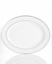 Modern yet timeless, this fine china platter is sure to satisfy the style-hungry host. From Lenox dinnerware, the dishes from the Opal Innocence Stripe collection are simply dressed in cream and white stripes and finished with a polished platinum trim, creating an ultra-chic setting to enjoy celebratory meals. Modern yet timeless, this fine china platter is sure to satisfy the style-hungry host. From Lenox dinnerware, the dishes from the Opal Innocence Stripe collection are simply dressed in cream and white stripes and finished with a polished platinum trim, creating an ultra-chic setting to enjoy celebratory meals.