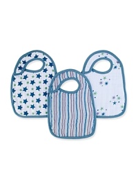 Stars and stripes adorn this collection of three cotton muslin bibs from Aden + Anais, each with solid trim and a snap closure on the front for easy-access.
