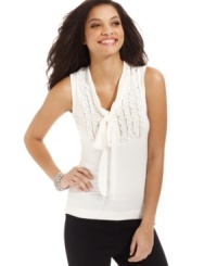 Pintuck ruffles and a tie at the neckline add feminine charm to August Silk's easy top. Pintuck ruffles and a tie at the neckline add feminine charm to August Silk's easy top.